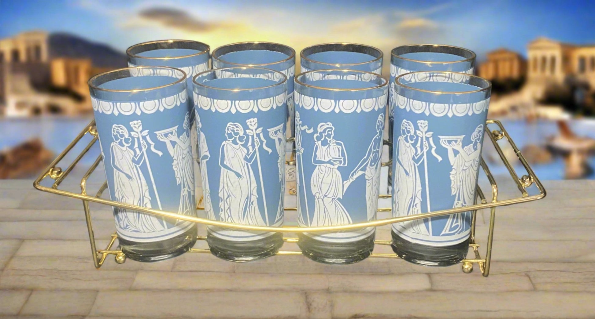 Jeanette Hellenic Greek Tumblers Set With Carrier