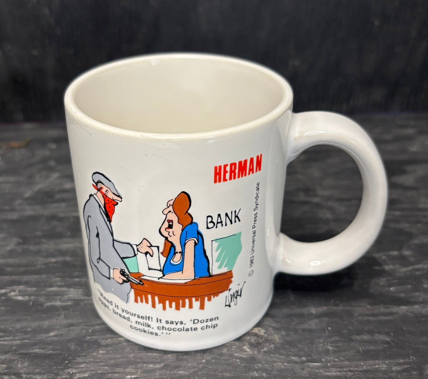 Jim Unger Herman Wrong List for a Bank Mug