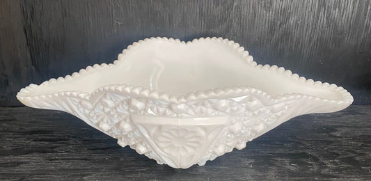 Kemple Milk Glass Flower V - Cane Oblong Sawtooth Edge Bowl