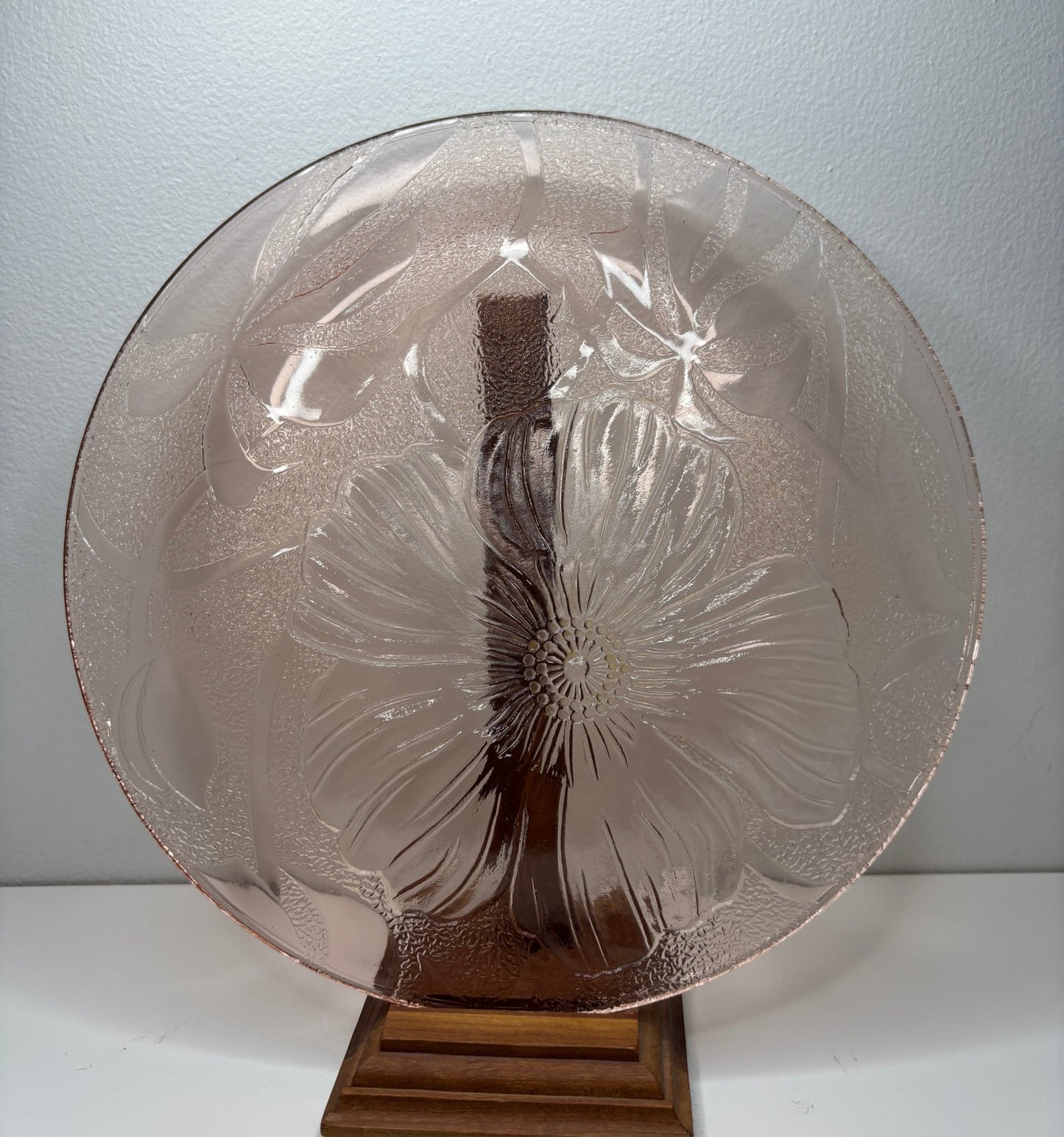Pink Pressed Glass Floral Dinner Plate with a translucent flower design