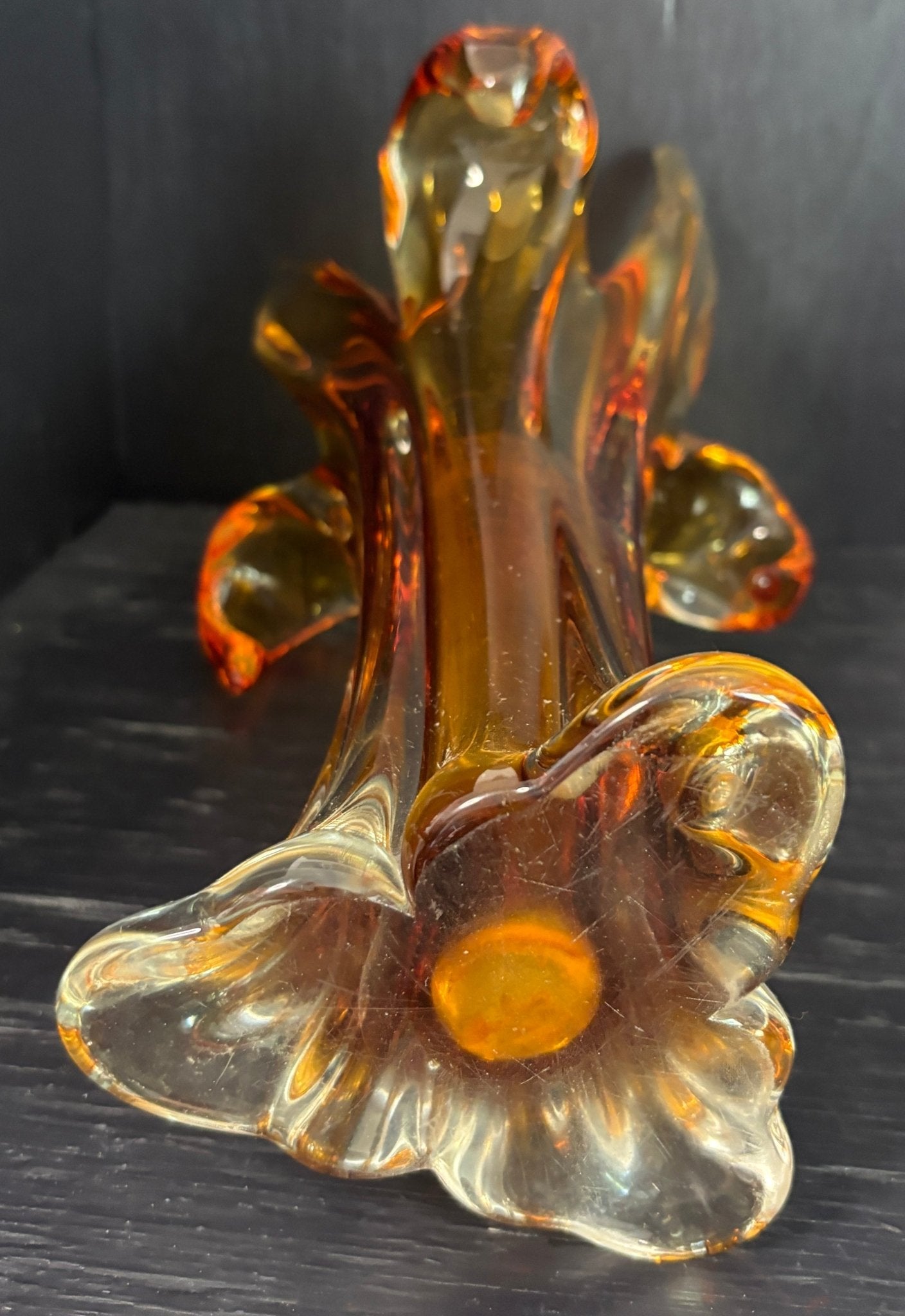 Lorraine Glass Iris Amber Vase with flared rims in the shape of a flower