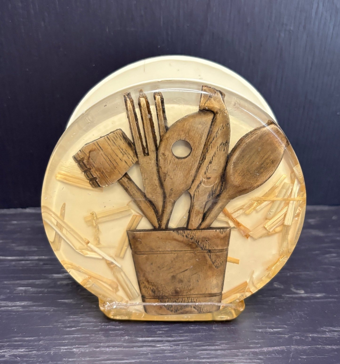 Lucite Wood Kitchen Utensil Theme Pot Stand and Napkin Holder