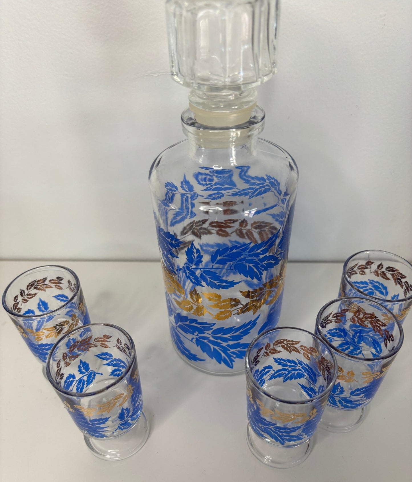 Luminarc France Vintage Blue and Gold Decanter and Shot Glasses
