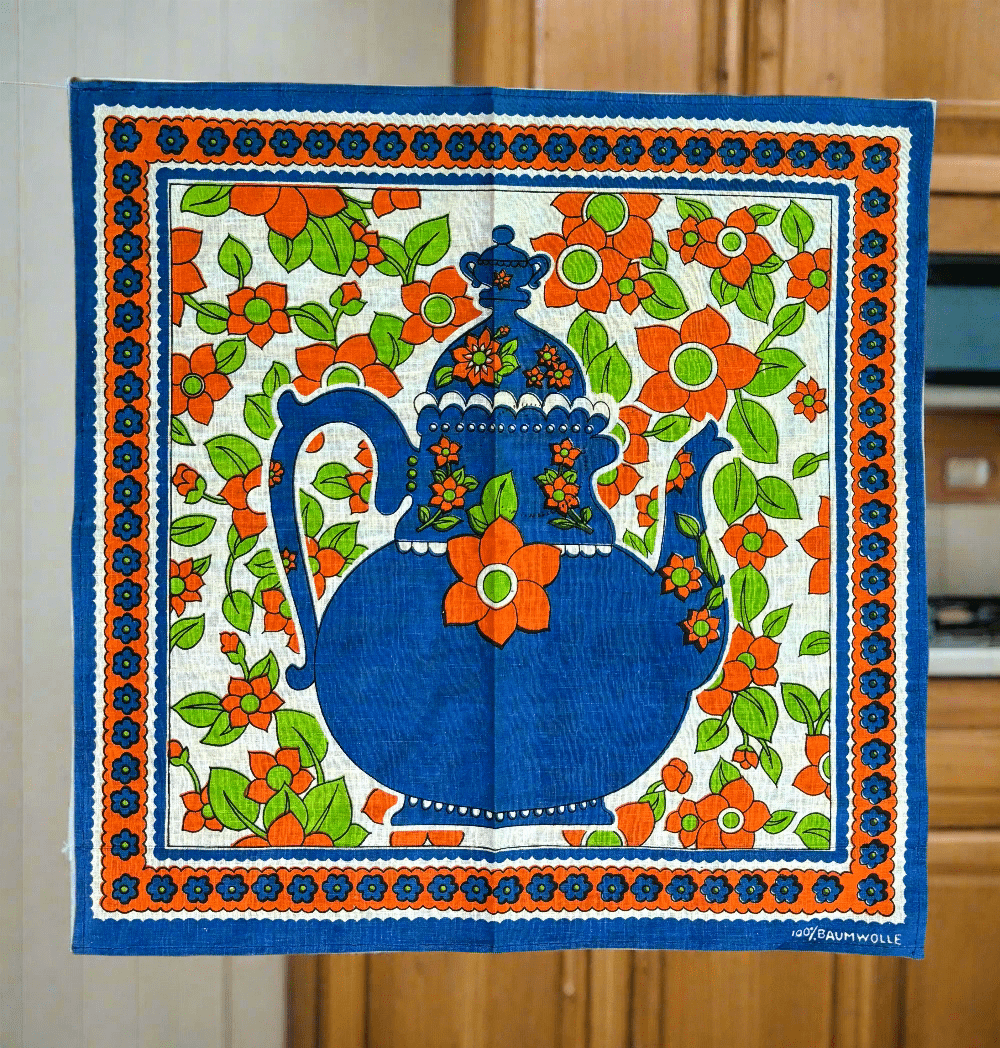 Made in Germany Blue Teapot Theme Retro Kitchen Tea Towel