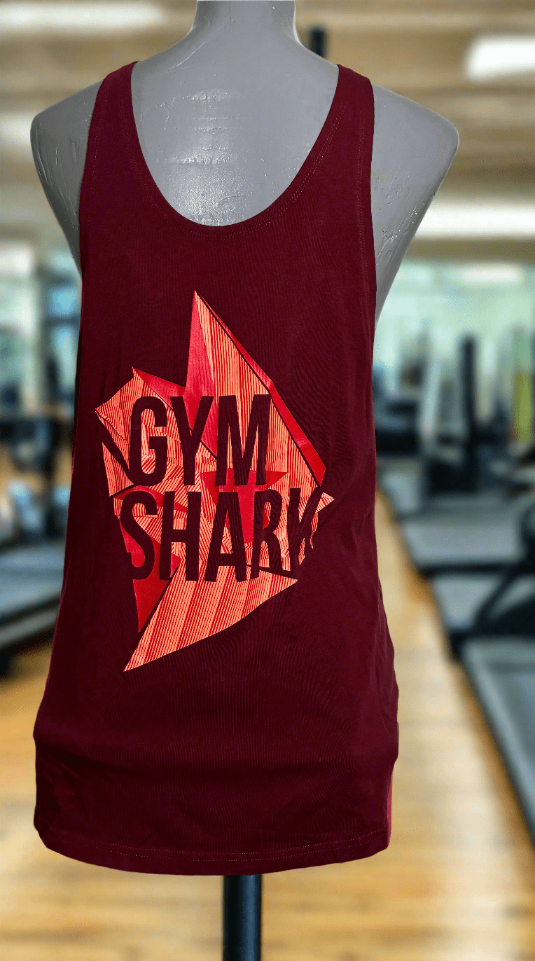 Red 'Gym Shark' tank top on a mannequin in a gym setting