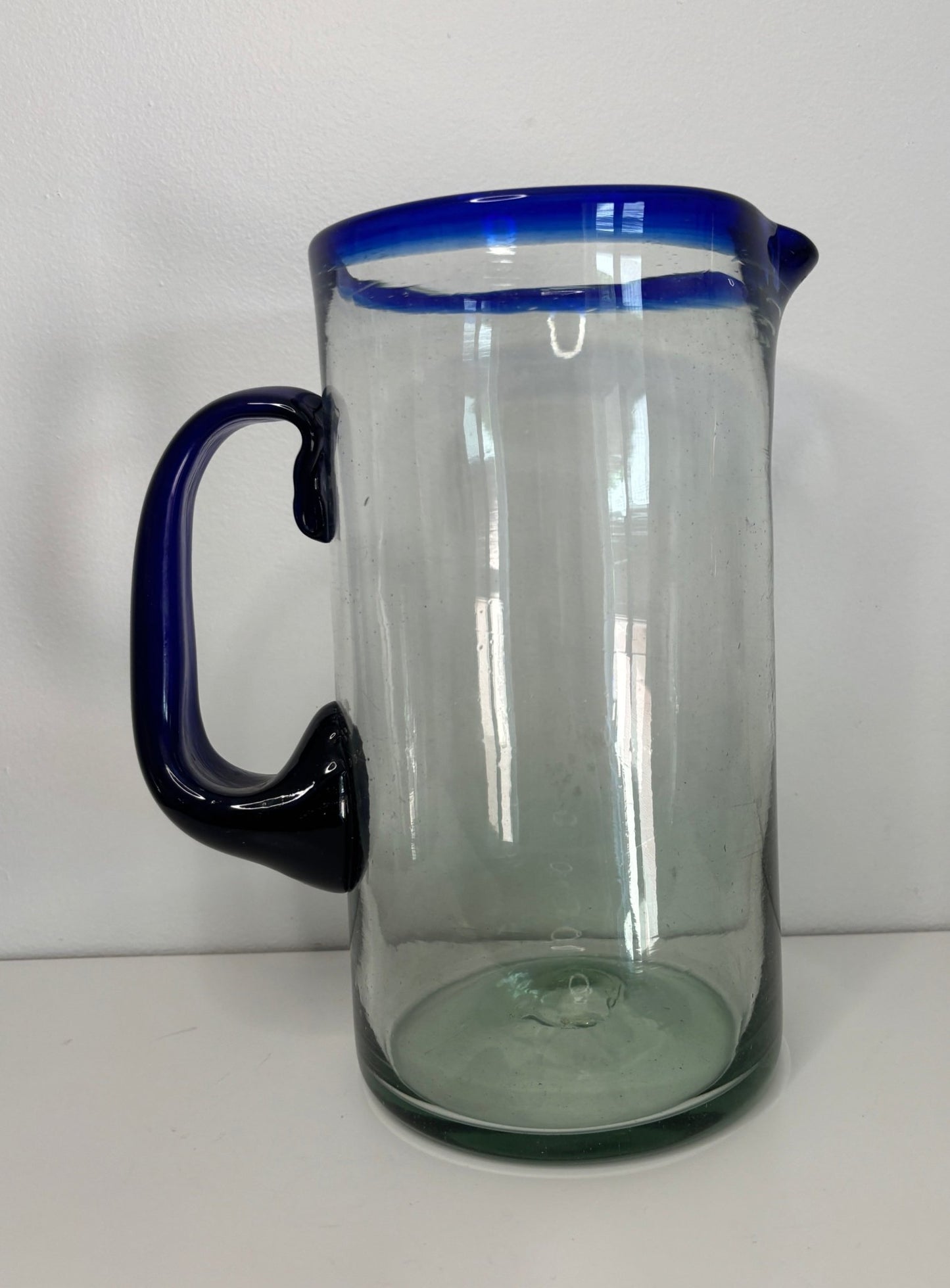 Mexican Clear and Blue Glass Pitcher