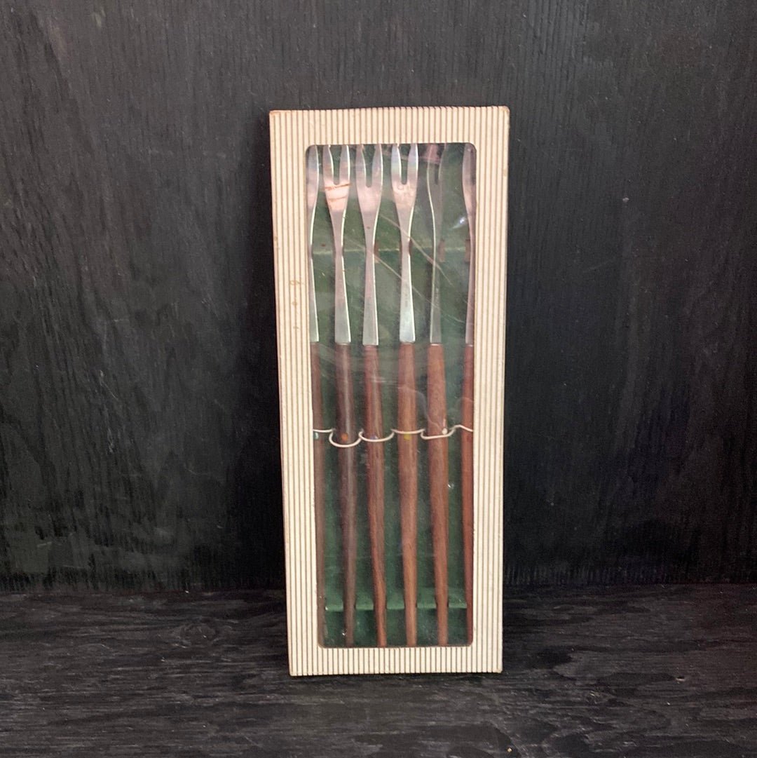 Mid Century Teak Handled Fondue Fork Set