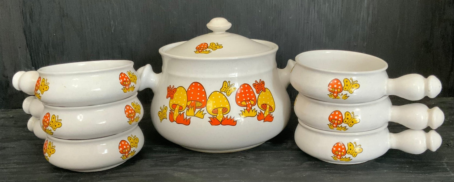 Mid Century Vintage Mushroom Soup Pot and Handled Serving Bowls