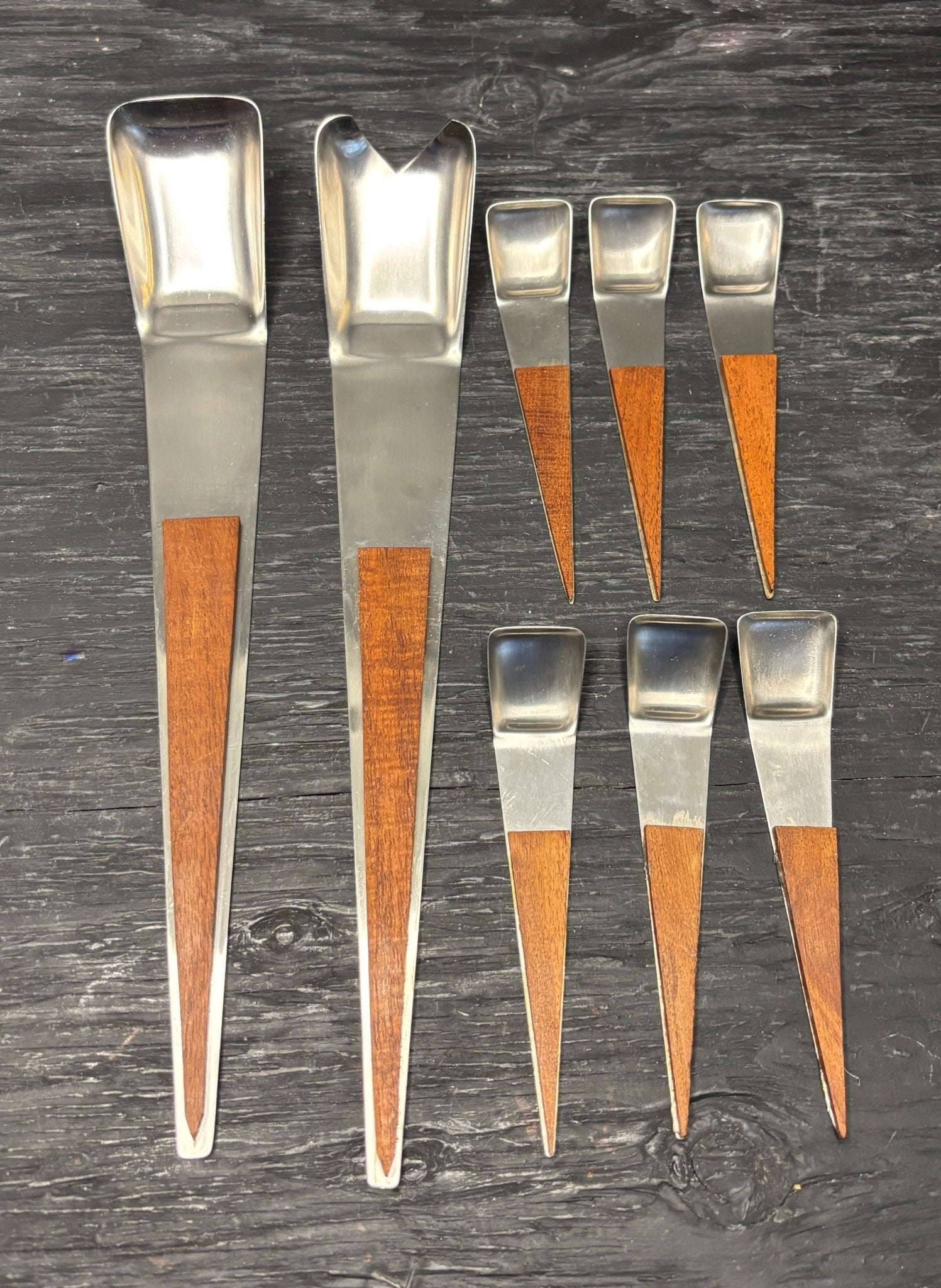 Mid Century Vintage Teak Metal Salad Serving Set