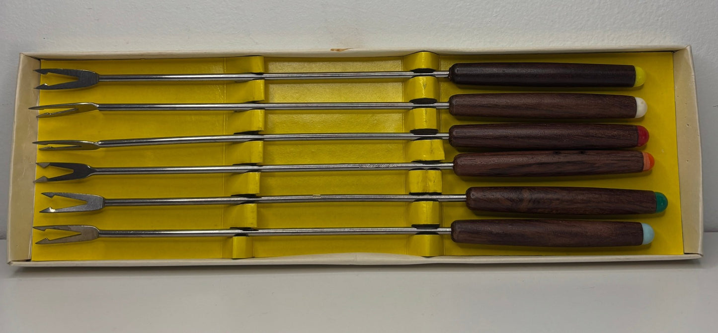Mid Century Wood Handled Fondue Fork Set