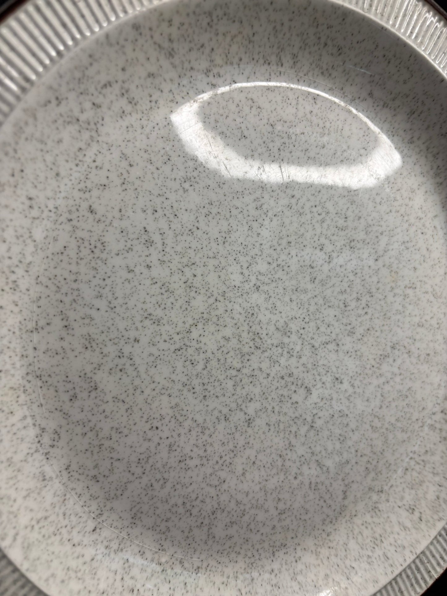 Poole Pottery Parkstone Dinner Plate white with speckled background and brown trim