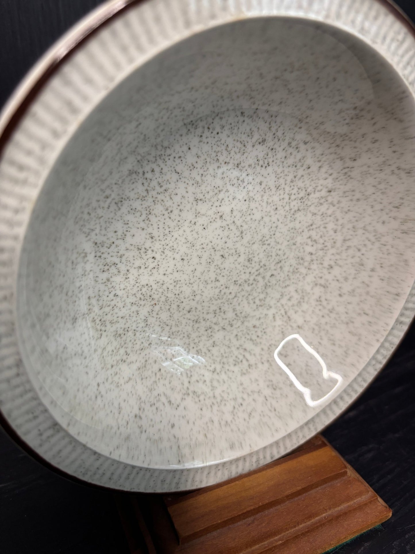 Poole Pottery Parkstone Fruit Dessert Bowl with white speckled background and brown trim