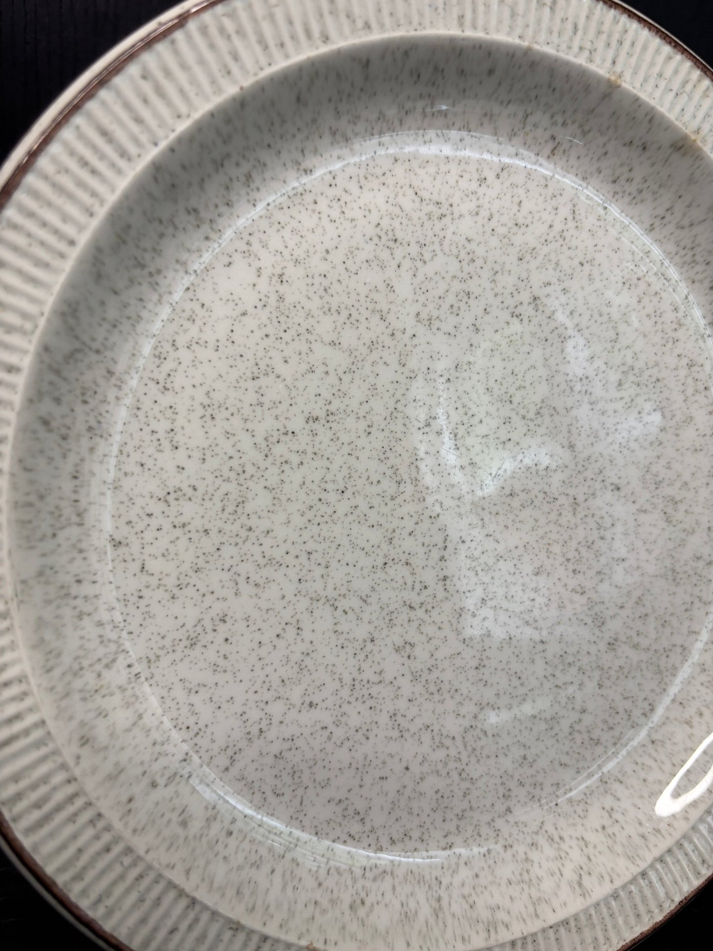 Poole Pottery Parkstone Salad Plate with white speckled finish and brown trim