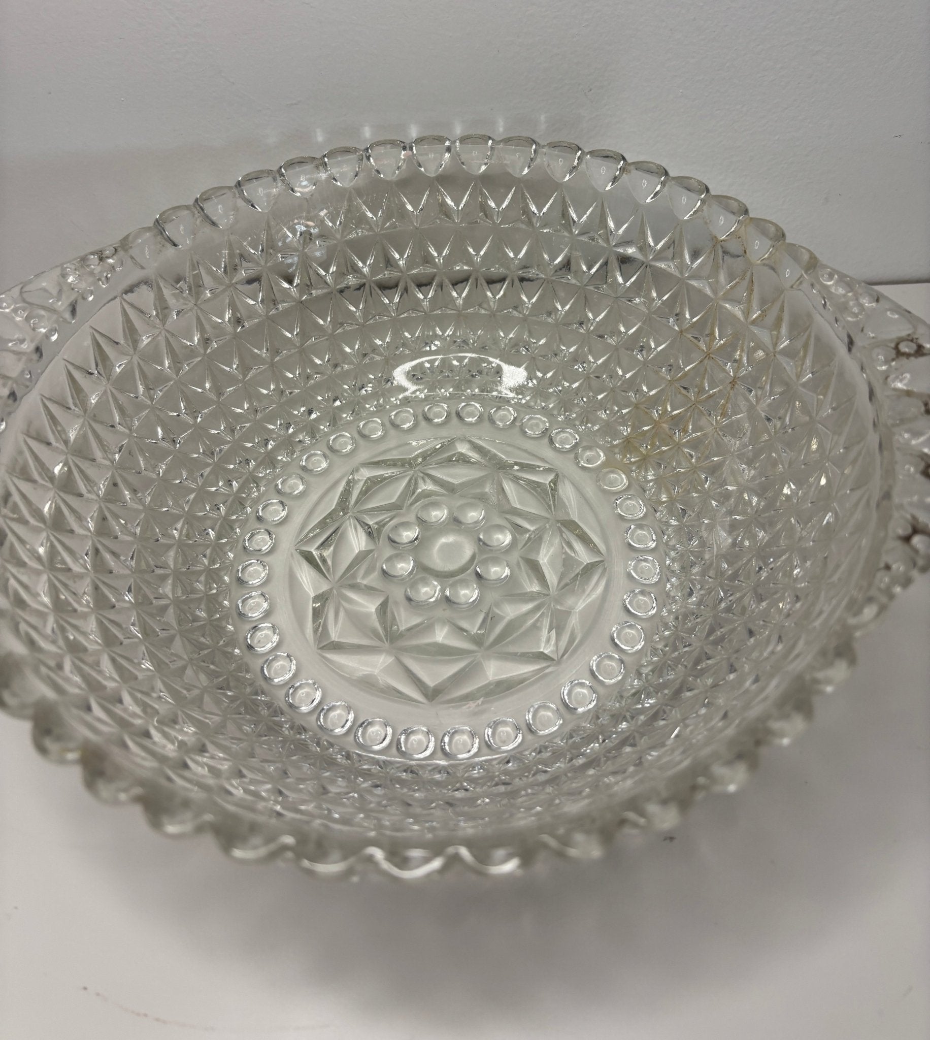 Pressed Glass Diamond and Bead Pattern Serving Bowl