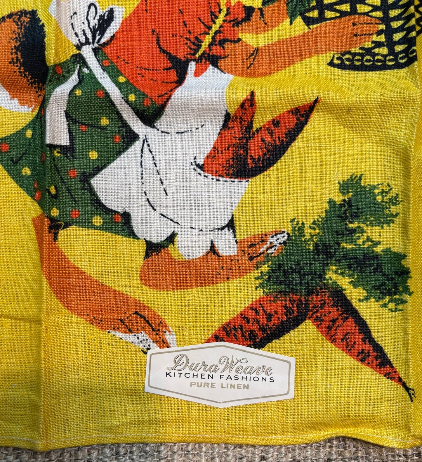 yellow Pure Linen with a Rabbit Theme Kitchen Tea Towel