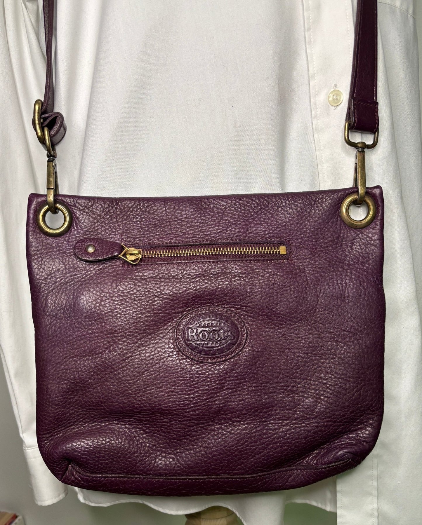 Purple Aubergine Roots Saddle Leather Crossbody Purse