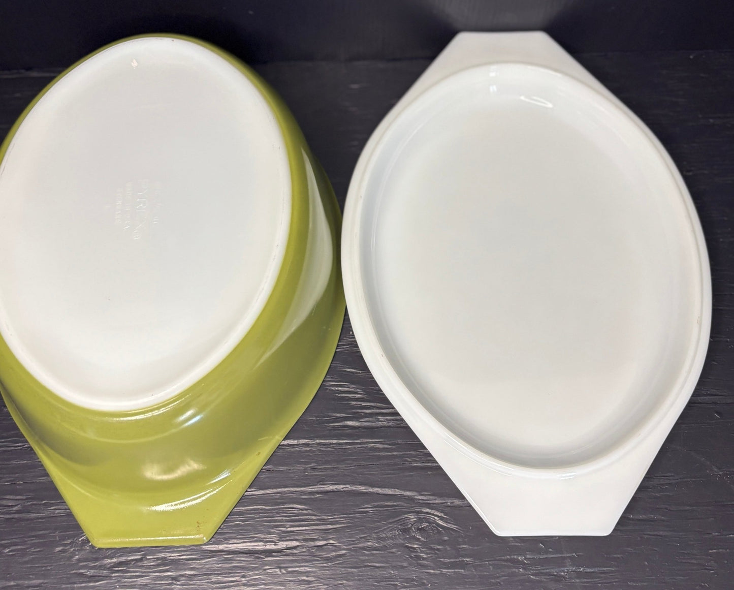 green Pyrex casserole dish with white lid