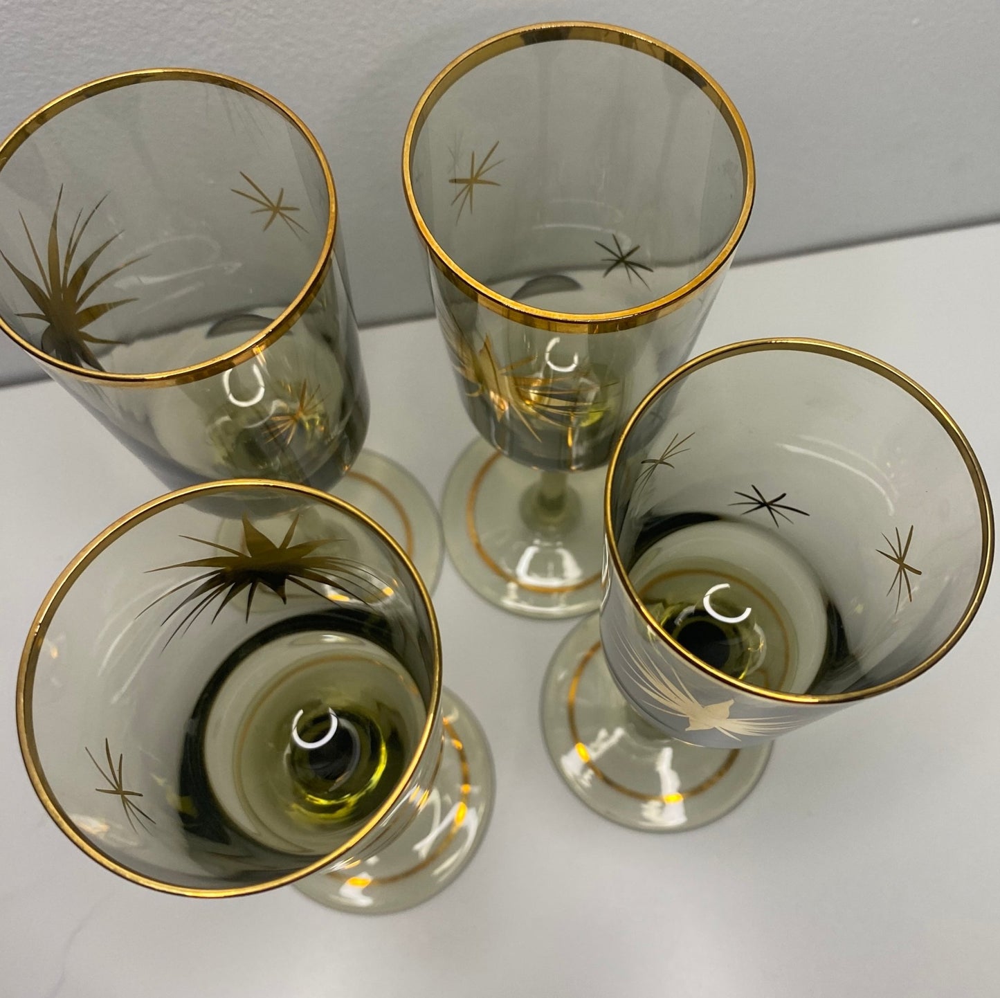 Retro Atomic Age Smoked Glass Starburst Gold Decanter and Glasses
