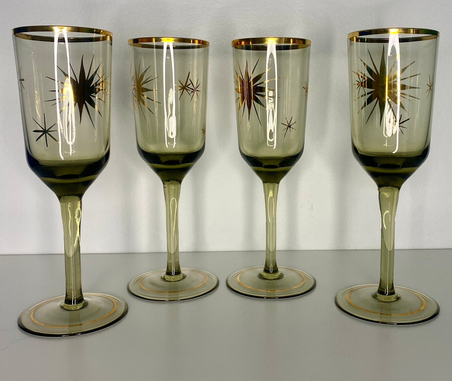 Retro Atomic Age Smoked Glass Starburst Gold Decanter and Glass