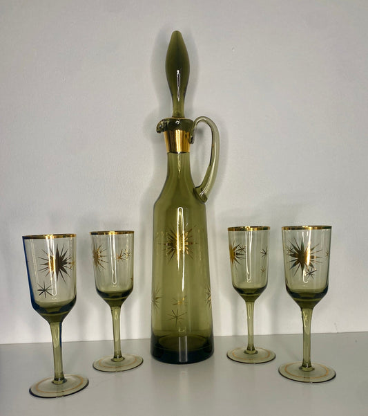 Retro Atomic Age Smoked Glass Starburst Gold Decanter and Glasses