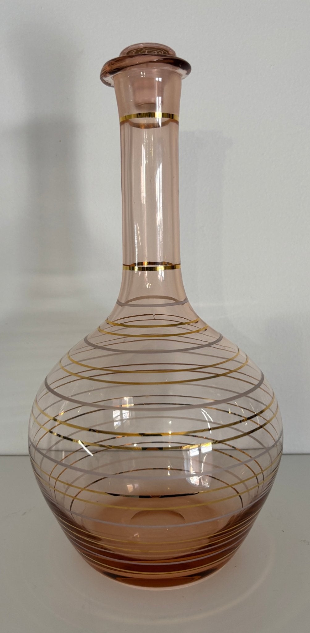 Retro Pink Blown Glass Striped Gold Leaf Decanter shaped like a bottle
