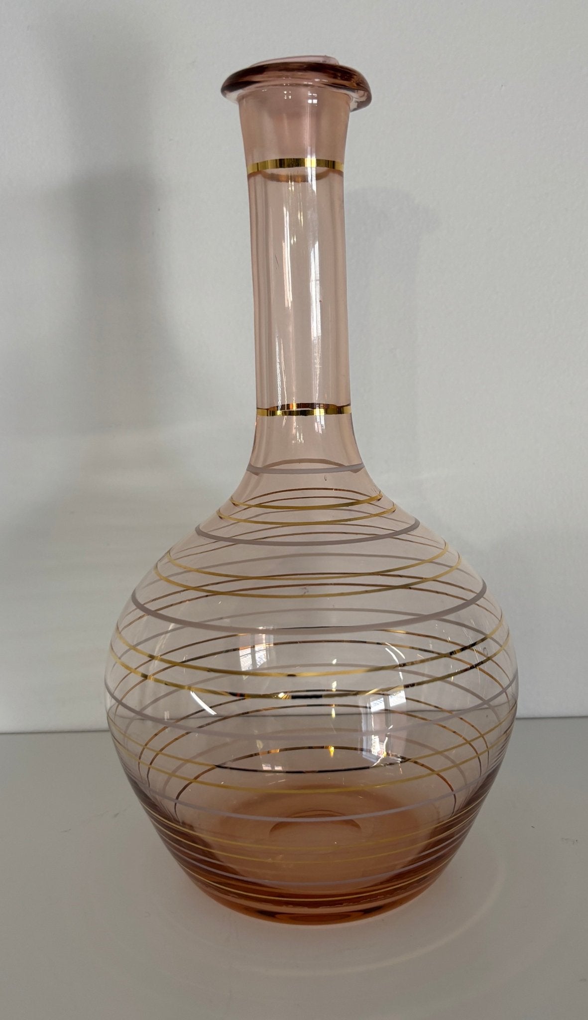Retro Pink Blown Glass Striped Gold Leaf Decanter