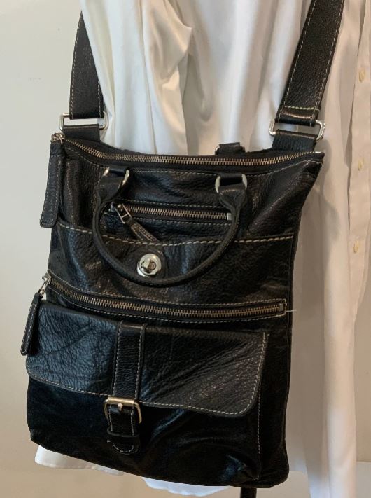 Roots Raised Black Leather Crossbody Purse