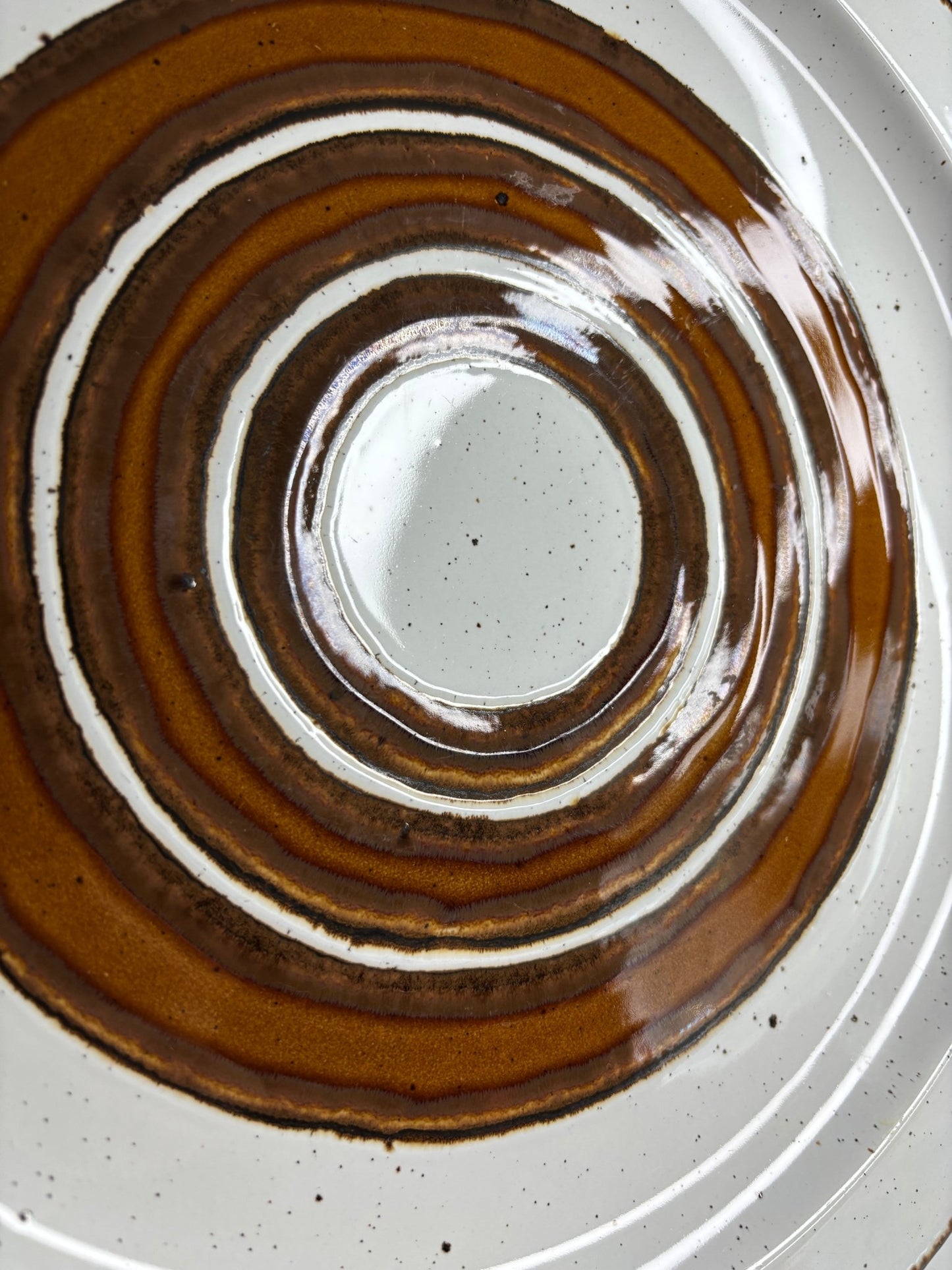 Close-up of a ceramic plate with concentric brown and white circles