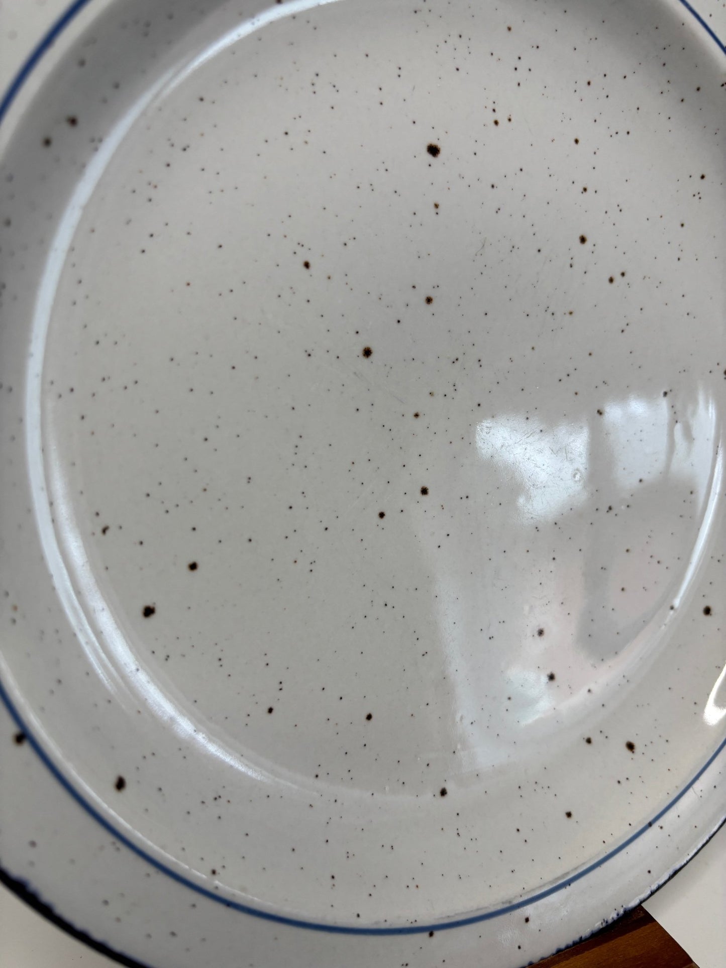 Stonehenge Midwinter Moon Indigo Salad Plate with white speckled background and blue trim