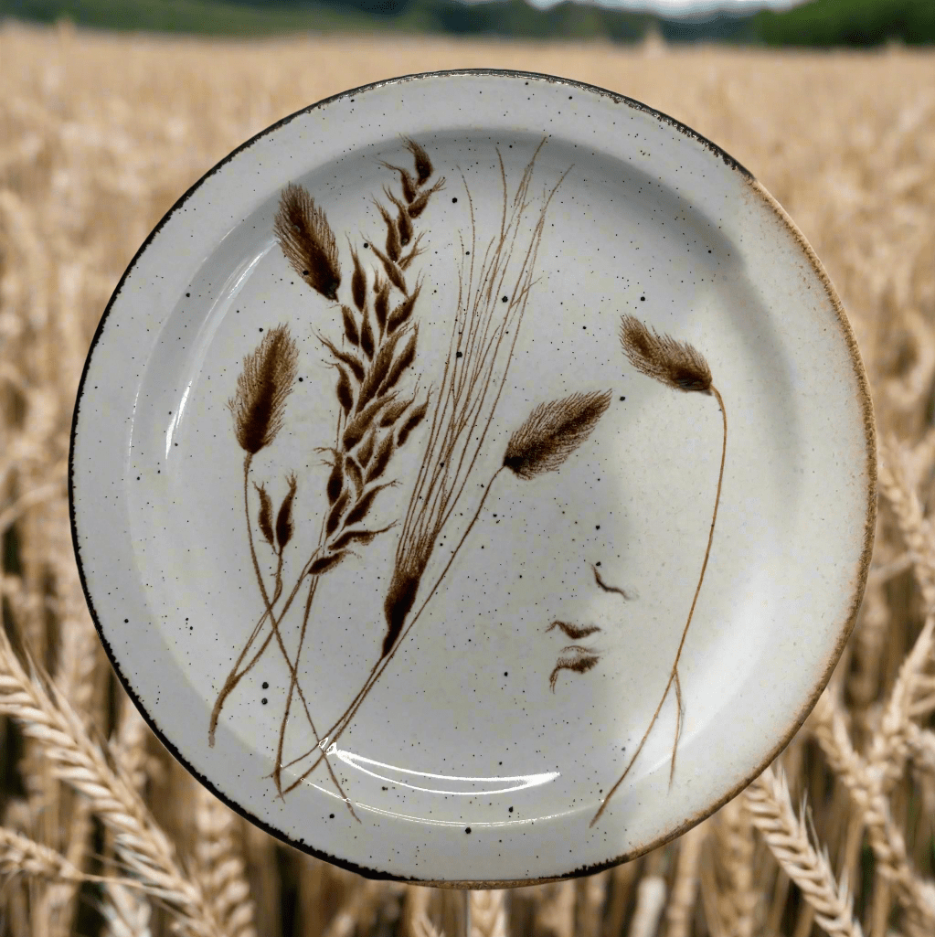 Ceramic plate with wheat design in a field of wheat
