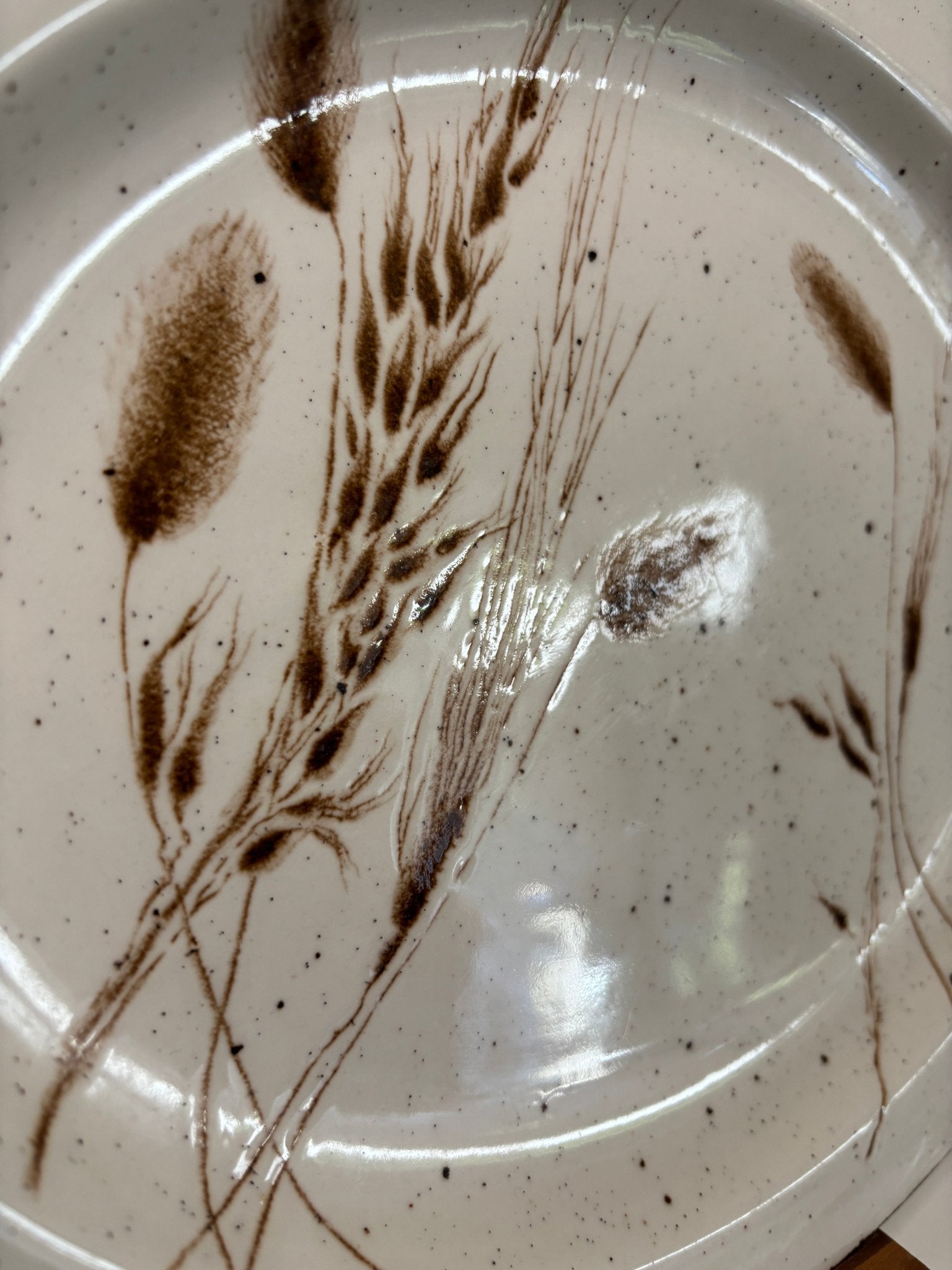Ceramic plate with brown abstract design on a beige background