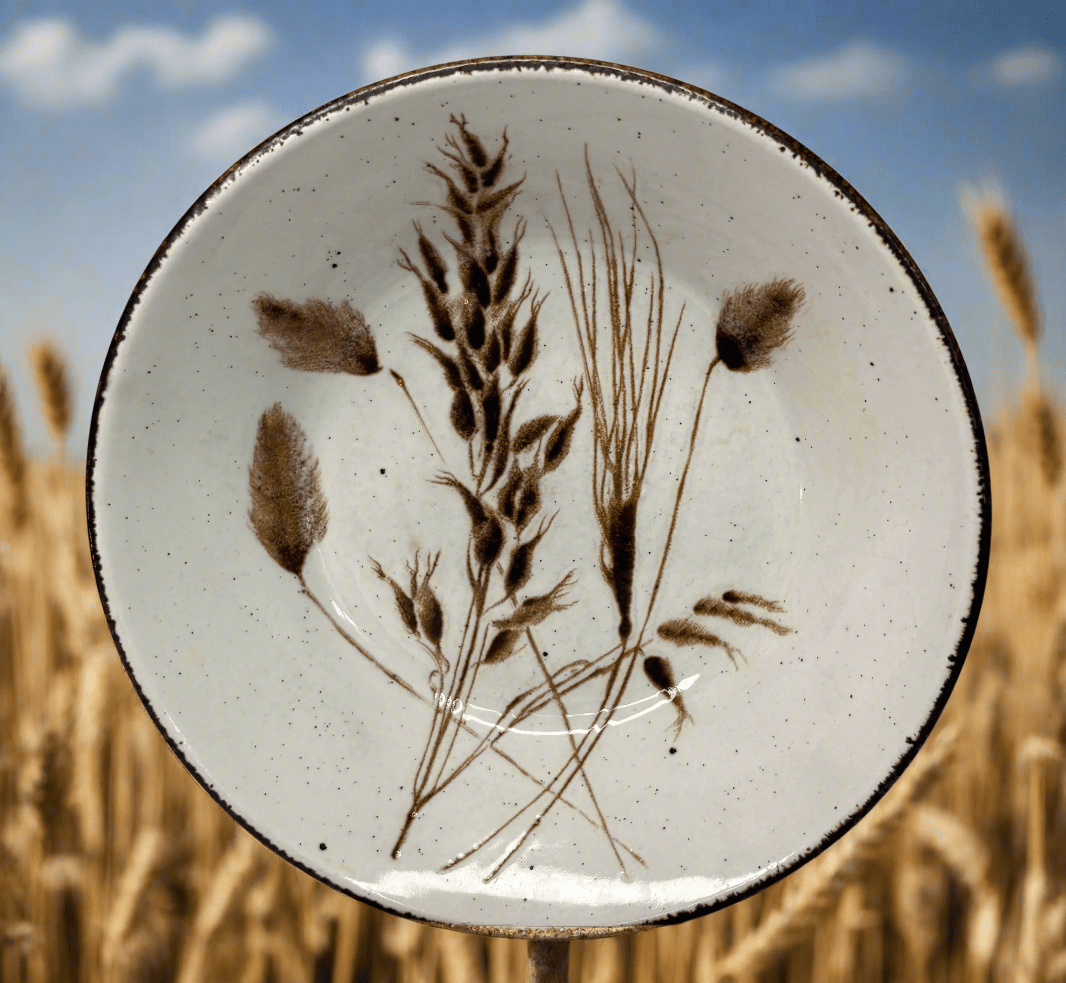 Ceramic plate with botanical design in a field of wheat