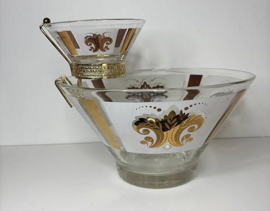 Vintage Anchor Hocking Gold Fleur De Lys Serving Bowl with Dip Bowl