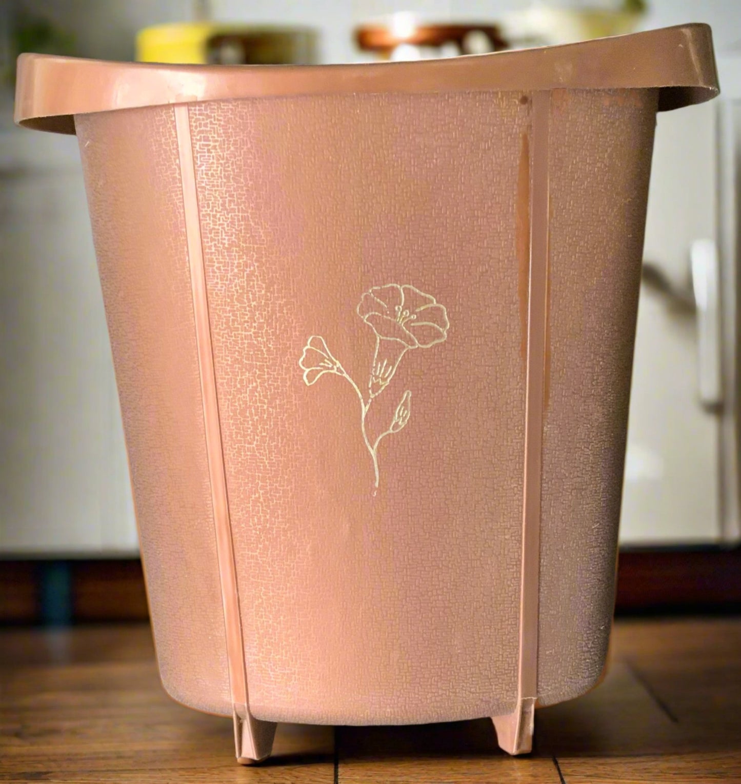 Vintage Brown Wastebasket with Gold Flower Design