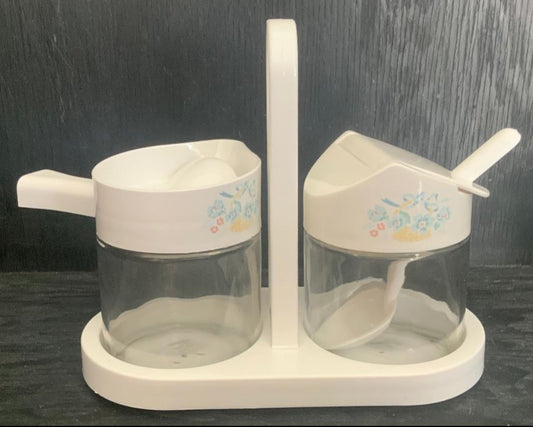 Vintage Corelle Gemco Iris Sugar Bowl and Creamer with Caddy