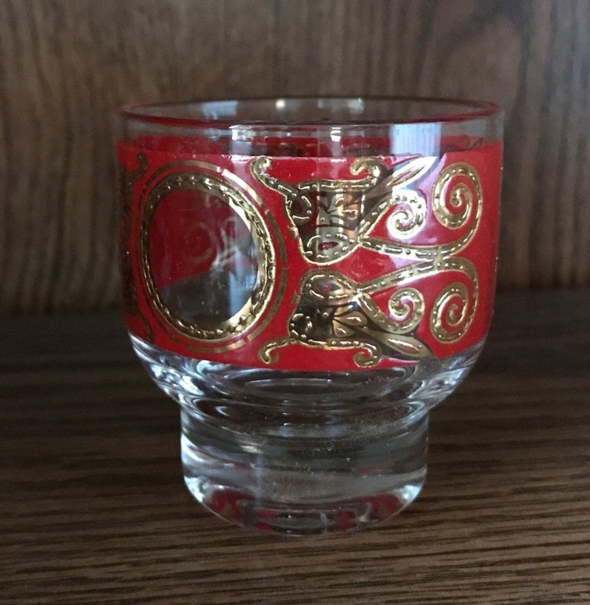 Vintage Culver Regal Scroll Gold & Red Paisley Cocktail Lowball Glasses set