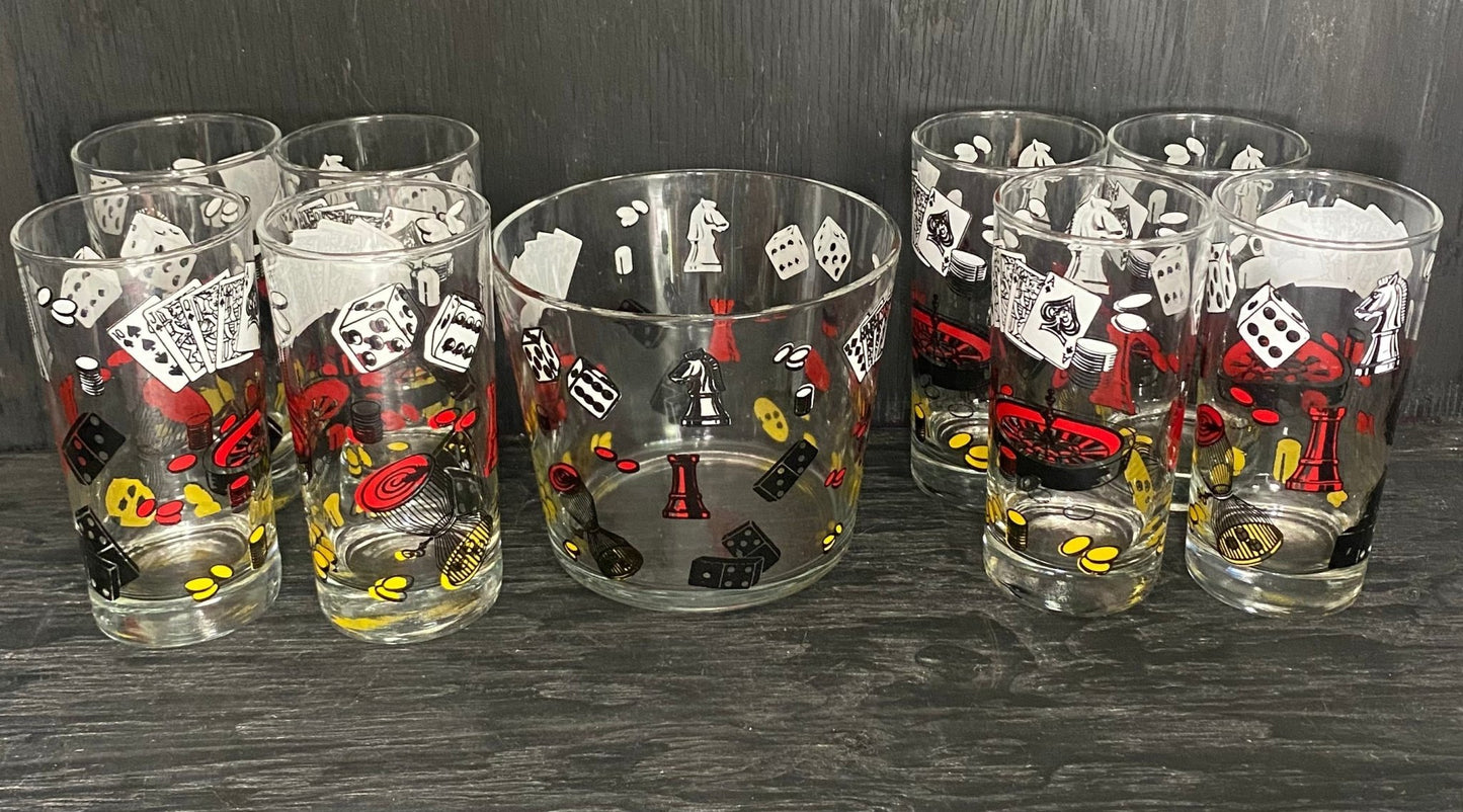 Vintage Game Night Casino Poker Ice Bucket and Drink Glasses