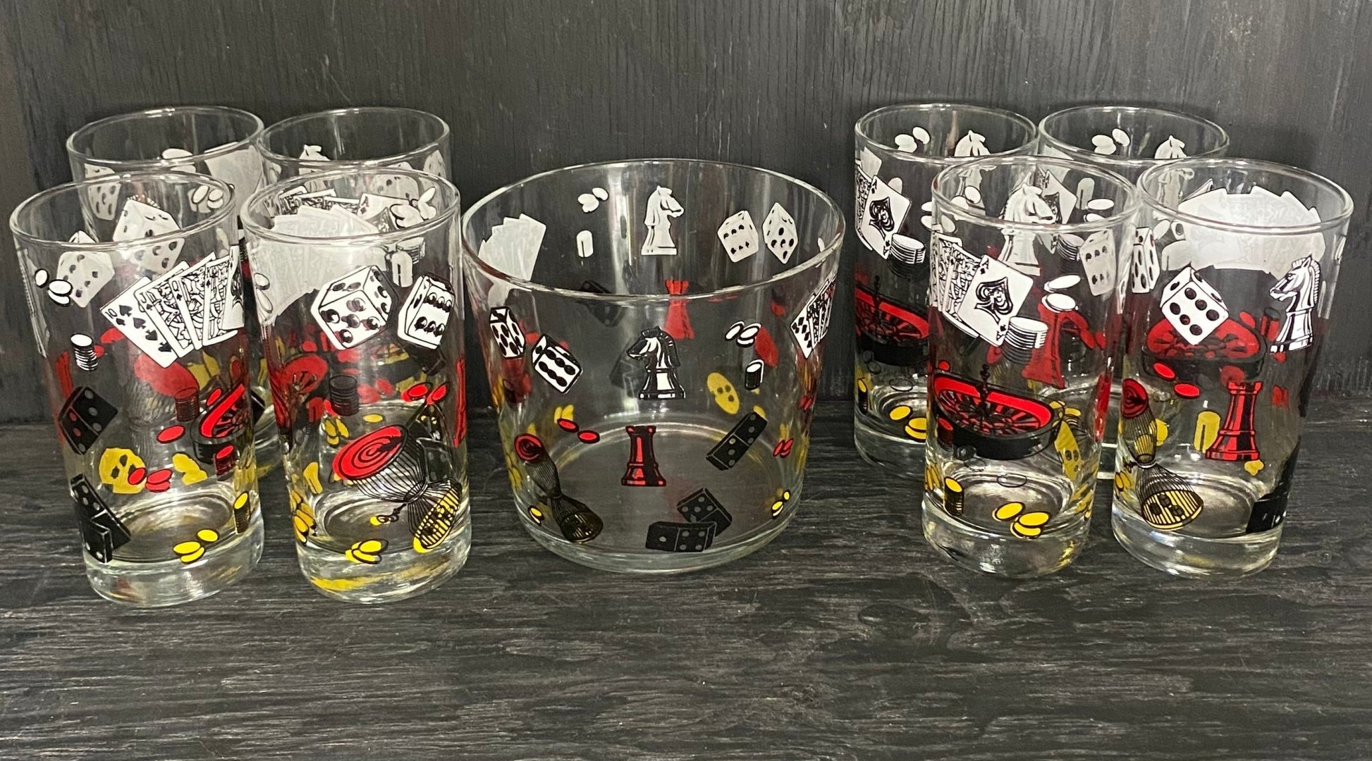Vintage Game Night Casino Poker Ice Bucket and Drink Glasses