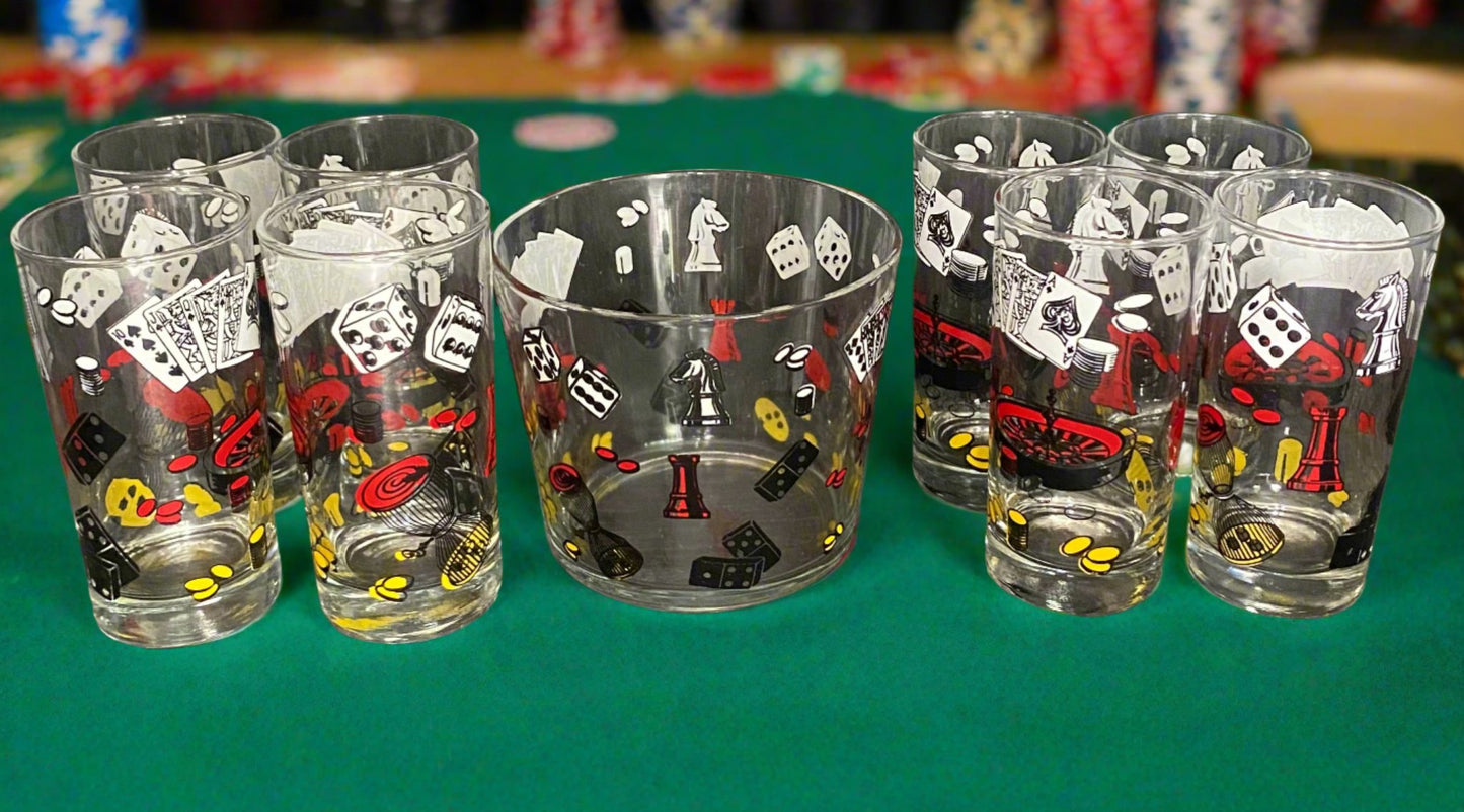 Vintage Game Night Casino Poker Ice Bucket Drink Glasses