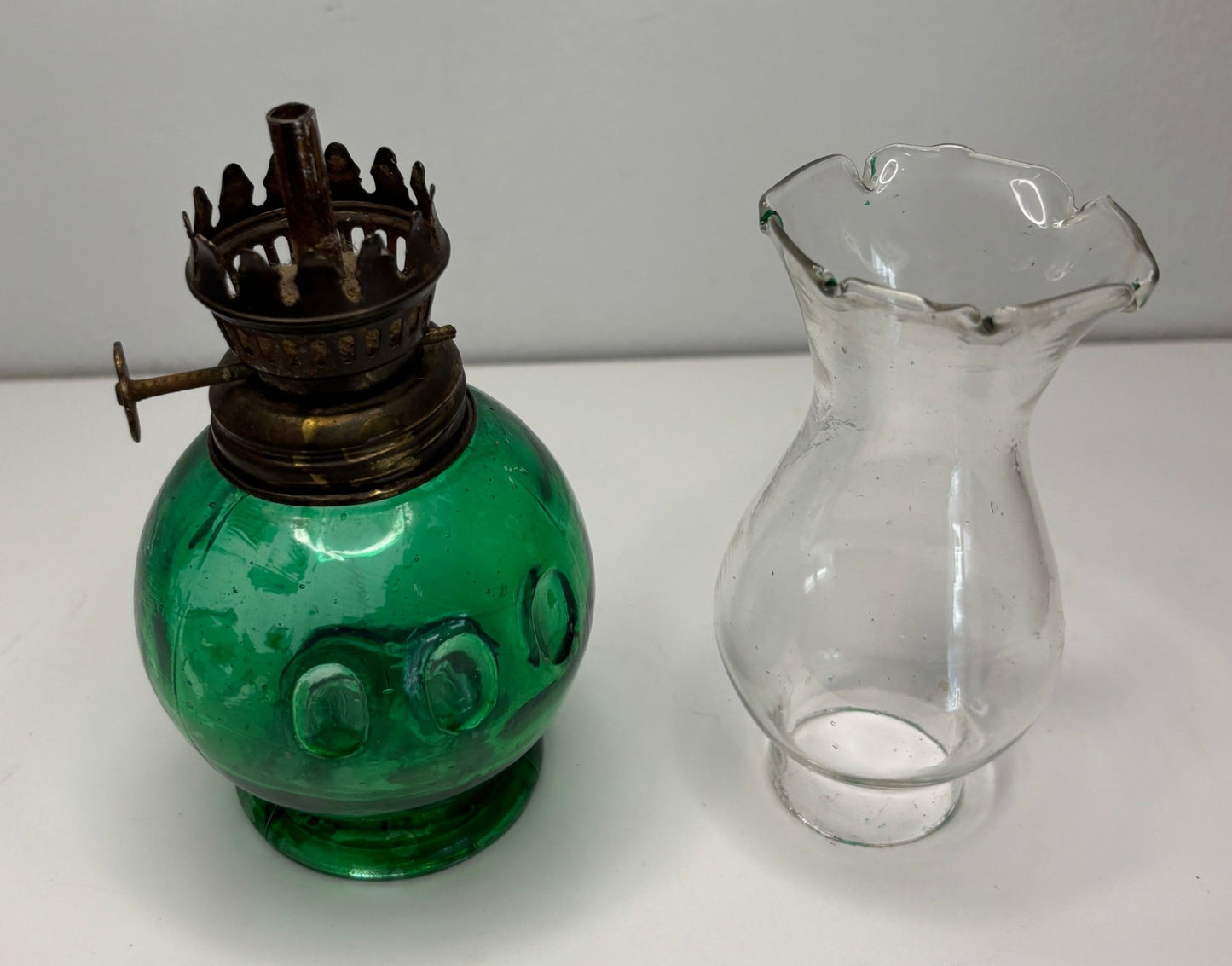 Vintage Green and Clear Glass Victorian Oil Lamp