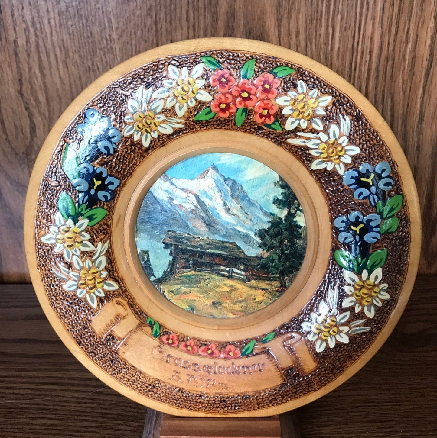 Vintage Grossglockner Carved Hand Painted Wood Display Plate