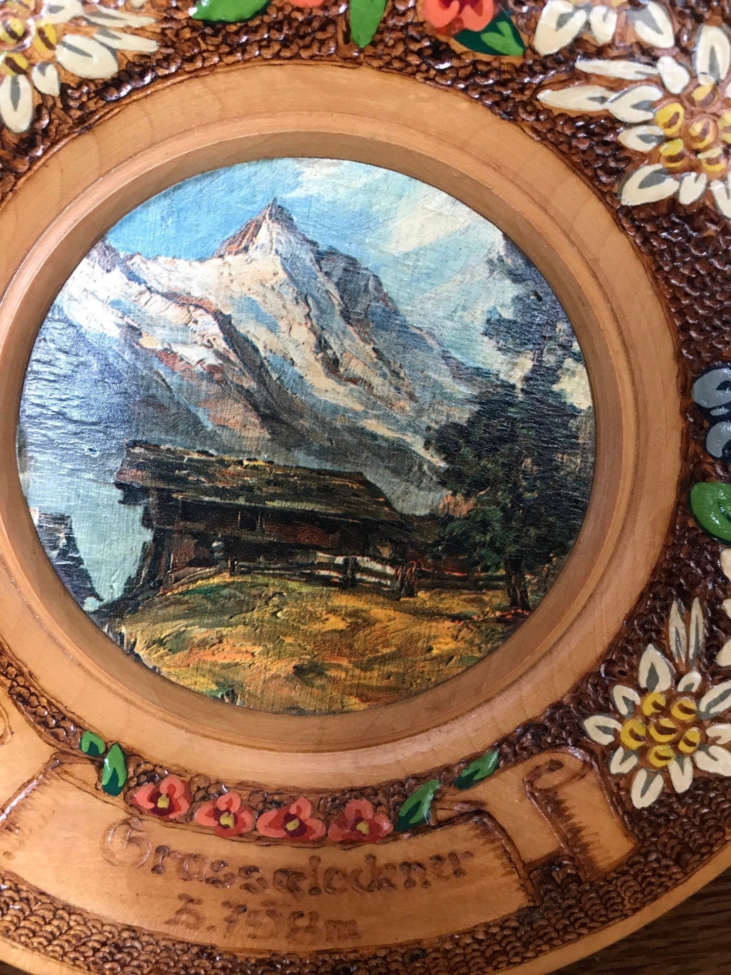 Vintage Grossglockner Carved Hand Painted Wood Display Plate