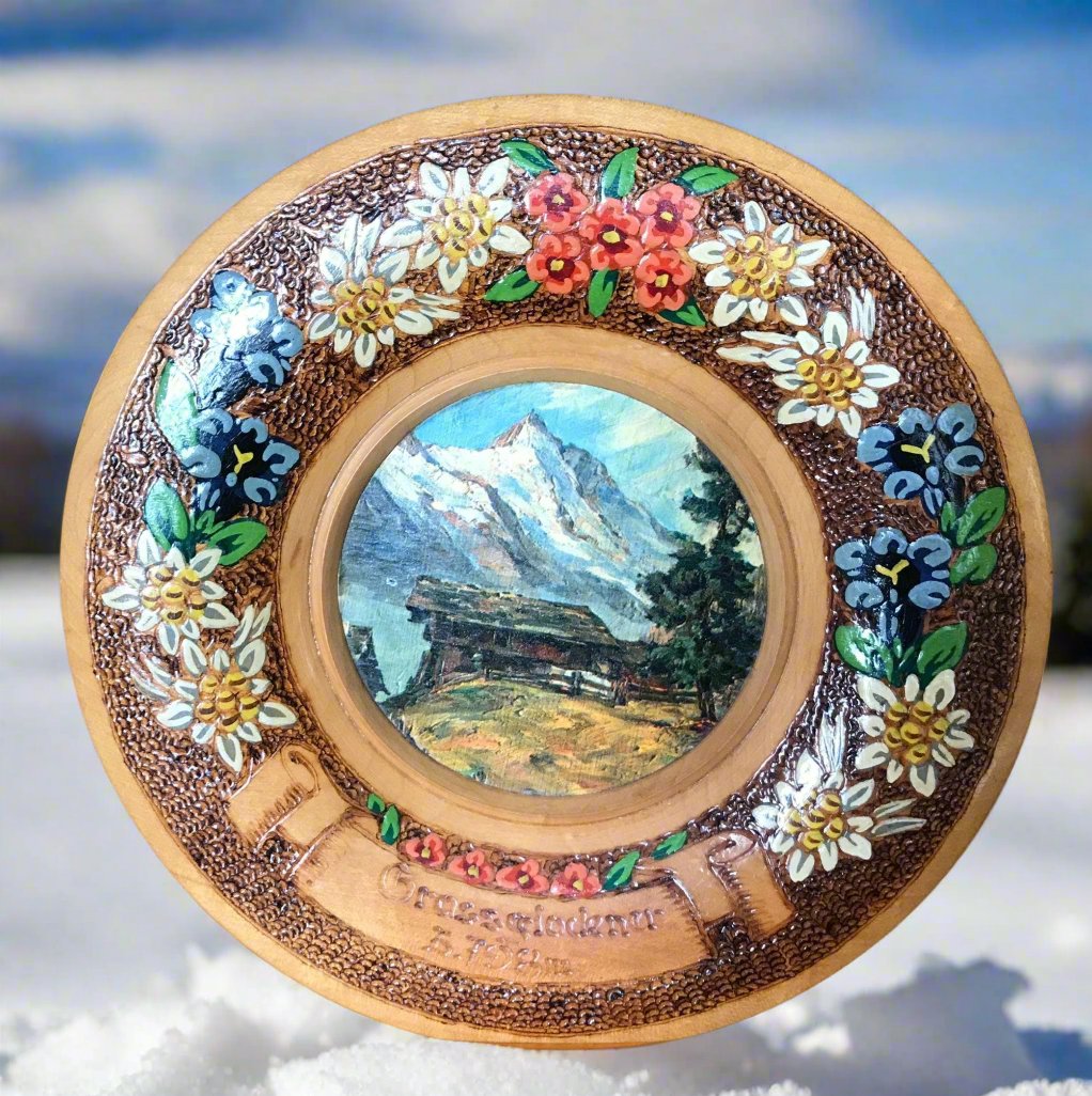 Vintage Grossglockner Carved Hand Painted Wood Display Plate