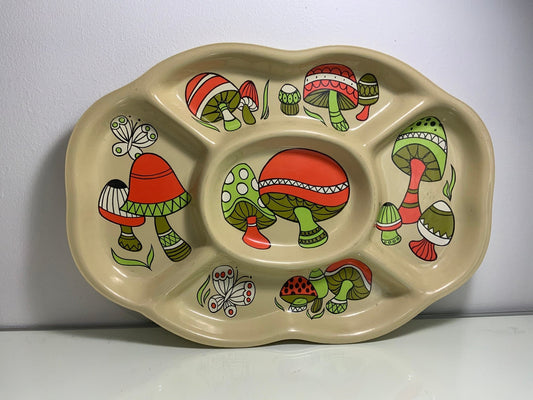 Vintage Plastic Mushroom Divided Serving Tray Platter