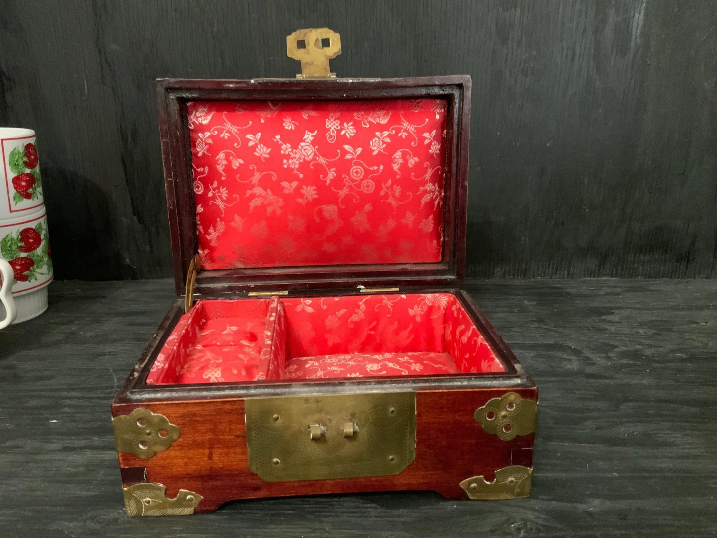 Vintage Red Mahogany Jade Inlay Jewelry Box