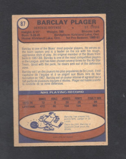 1974 - 1975 O - Pee - Chee Barclay Plager St. Louis Blues Hockey Card #87
