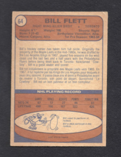1974 - 1975 O - Pee - Chee Bill Flett Toronto Maple Leafs Hockey Card #64