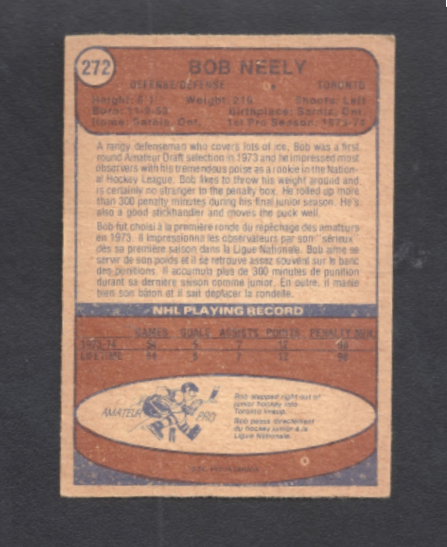 1974 - 1975 O - Pee - Chee Bob Neely Toronto Maple Leafs Hockey Card #272 - HLJ at Home1974 - 1975 O - Pee - Chee Bob Neely Toronto Maple Leafs Hockey Card #272Hockey CardO - Pee - Chee