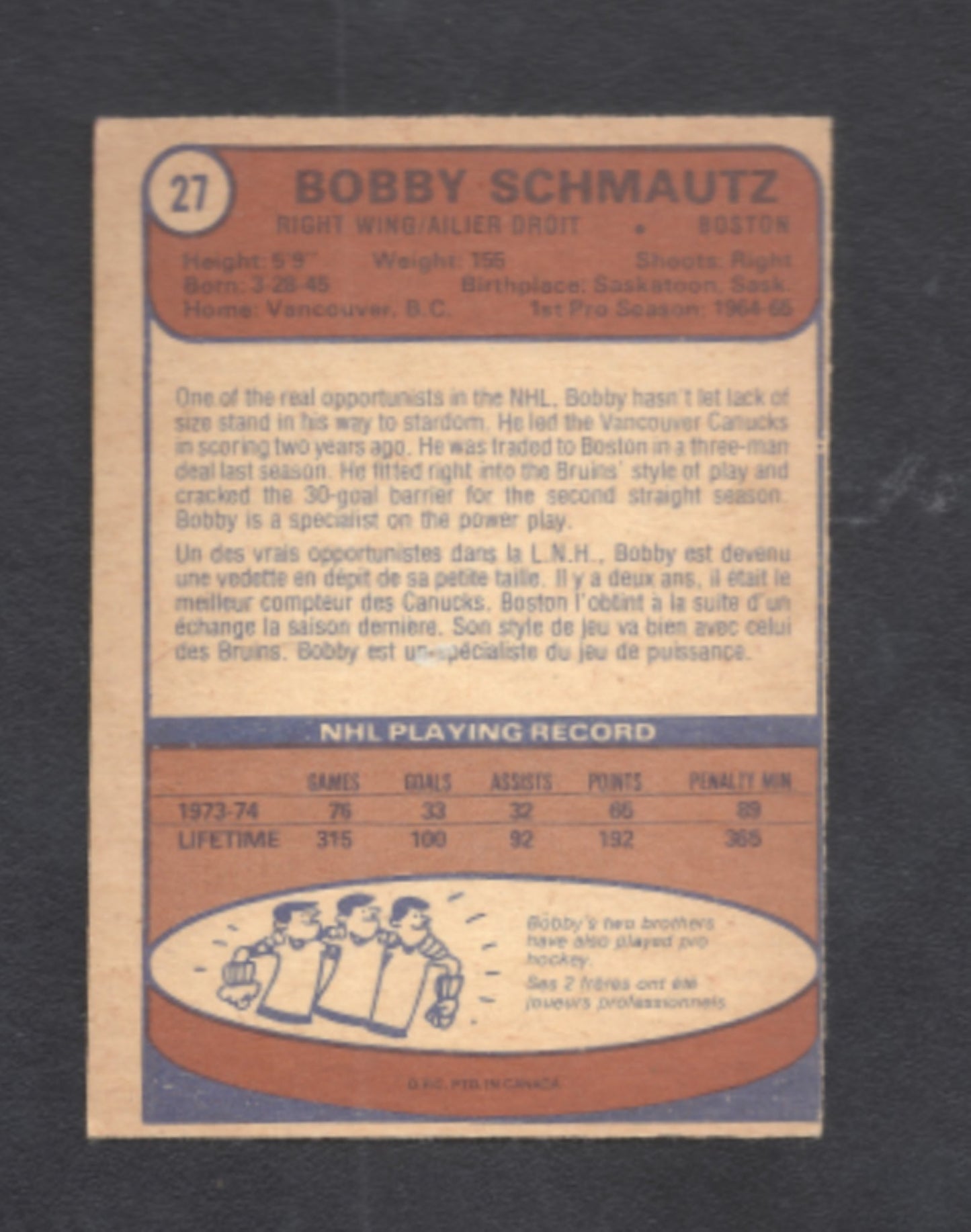 1974 - 1975 O - Pee - Chee Bobby Schmautz Boston Bruins Hockey Card #27 - HLJ at Home1974 - 1975 O - Pee - Chee Bobby Schmautz Boston Bruins Hockey Card #27Hockey CardO - Pee - Chee