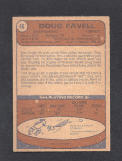 1974 - 1975 O - Pee - Chee Doug Favell Toronto Maple Leafs Hockey Card #46